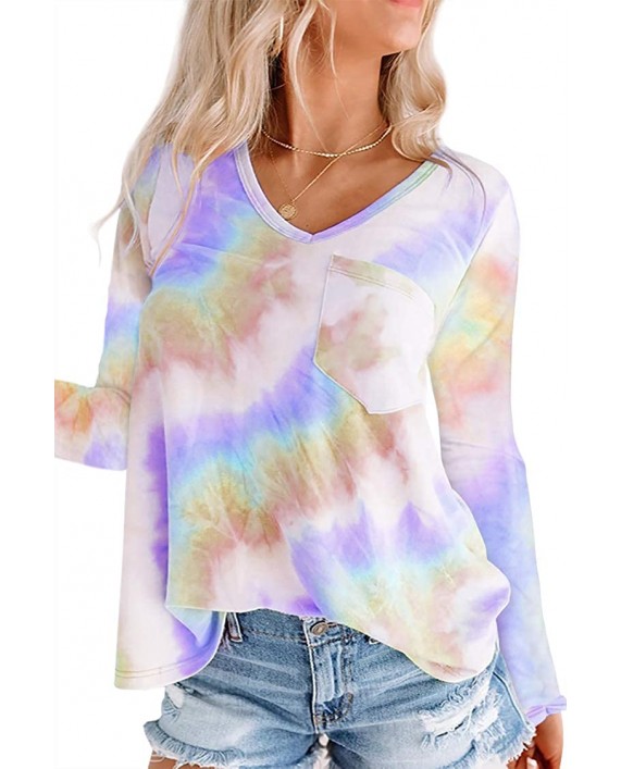 Womens Plus Size Tie Dye T-Shirts Long Sleeve V Neck Color Block Casual Loose Tunic Tops with Pocket at Women’s Clothing store