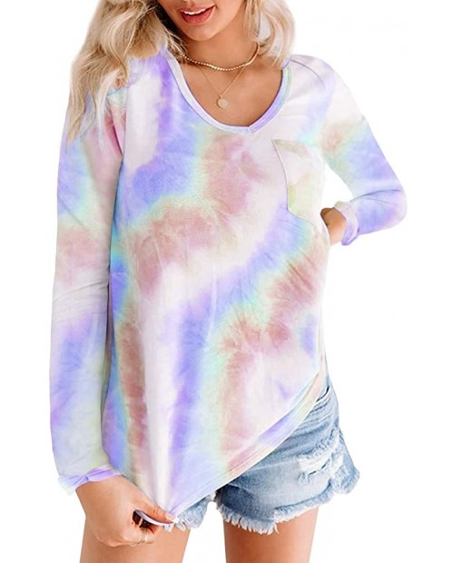 Womens Plus Size Tie Dye T-Shirts Long Sleeve V Neck Color Block Casual Loose Tunic Tops with Pocket at Women’s Clothing store