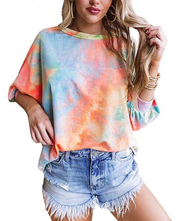Womens Tie Dye 3 4 Sleeve Tops Plus Size Crewneck Loose Casual T-Shirt at Women’s Clothing store