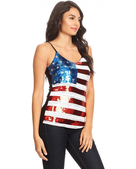 Anna-Kaci Womens Patriotic American USA Flag Sequin Cami Shirt Blouse Tank Top at Women’s Clothing store
