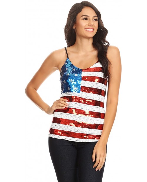 Anna-Kaci Womens Patriotic American USA Flag Sequin Cami Shirt Blouse Tank Top at  Women’s Clothing store