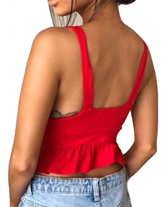 Antopmen Women Summer Deep V Neck Sleeveless Hem Ruffles Crop Tops at Women’s Clothing store