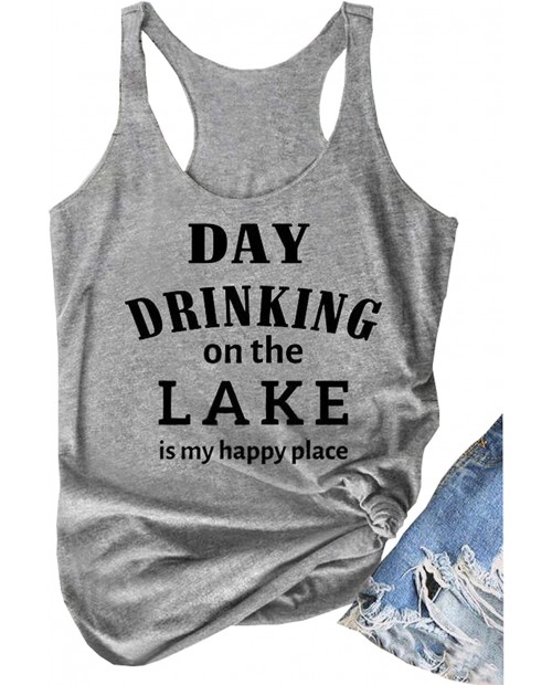 Day Drinking on The Lake Tank Tops for Women Funny Letter Print Tee Shirt Sleeveless Summer Beach Shirt