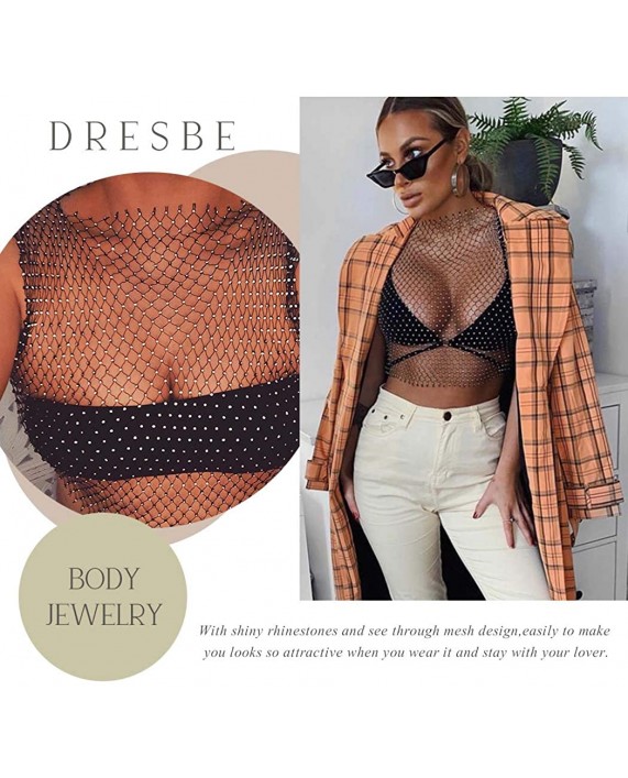 Dresbe Rhinestone Mesh Body Chains Hollow Tank Tops Bikini Crop Top Party Body Jewelry Accessories for Women and Girls Black-O Neck