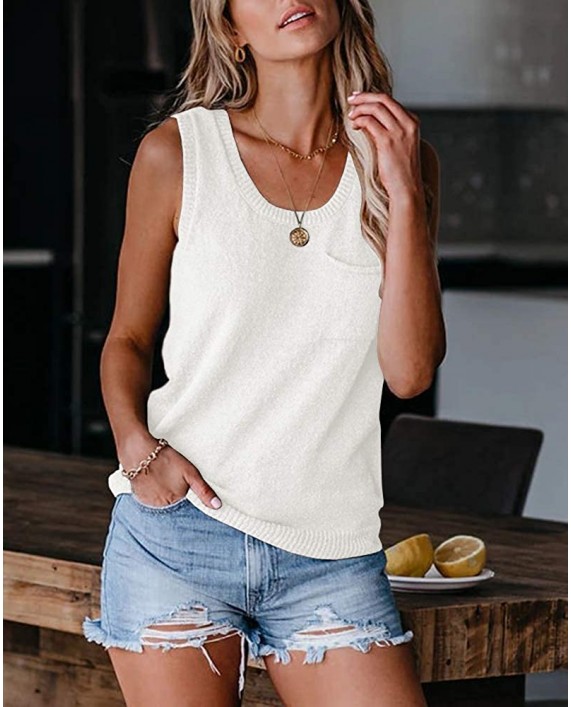 Foshow Womens Scoop Neck Sleeveless Tank Tops Loose Button Knit Summer Sweater Vest Shirt Blouses Pocket at Women’s Clothing store