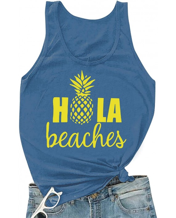 Hubery Women Casual Hola Beaches Letter Print Tanks Shirt Pineapple Print Tops Tee