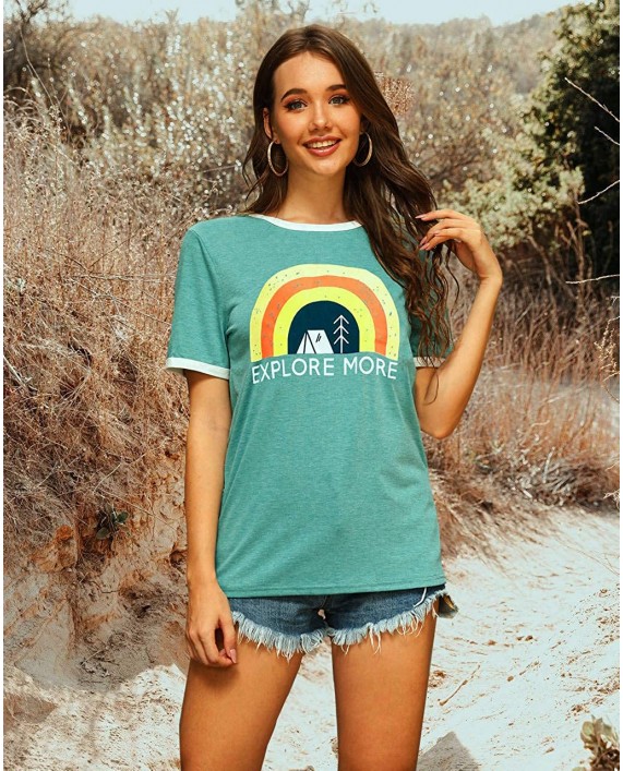 IRISGOD Womens Explore More Tank Tops Funny Vintage Short Sleeve Camping Hiking Rainbow Graphic Tees Tshirts at Women’s Clothing store