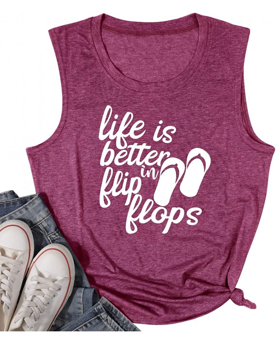 Life is Better in Flip Flops T Shirt for Women Funny Saying Letter Print Tee Summer Casual Sleeveless Tank Tops at Women’s Clothing store