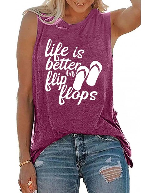 Life is Better in Flip Flops T Shirt for Women Funny Saying Letter Print Tee Summer Casual Sleeveless Tank Tops at  Women’s Clothing store
