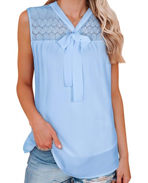 Moyabo Women's Bow Tie Neck Blouses Casual Tops Sleeveless Lace Patchwork Office Chiffon Blouse Shirts S-XXL