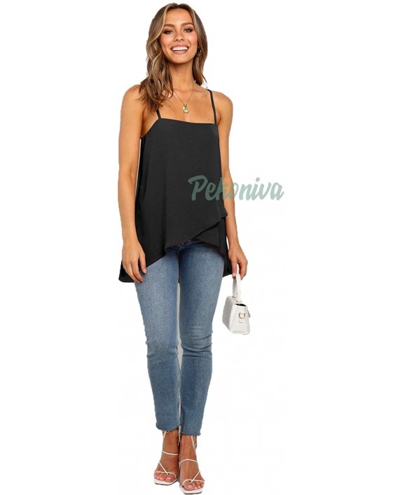 PEKONIVA Women's Chiffon Cami Tank Top Solid Spaghetti Strap Ruffle Hem Sleeveless Shirt Summer Loose Tunic Tops for Legging at Women’s Clothing store