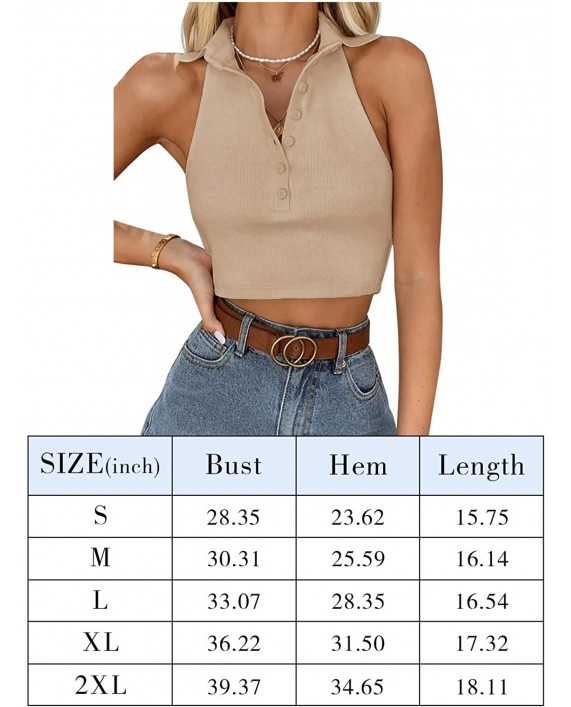 REORIA Women’s Sexy Sleeveless Halter Neck Racerback Button Up Collared Ribbed Knit Crop Tank Top at Women’s Clothing store