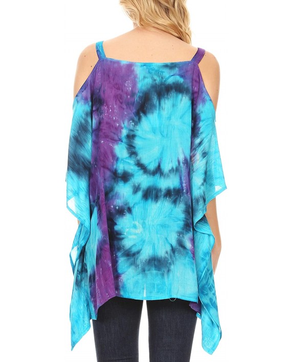 Sakkas 1804 - Lucia Women's Tie Dye Embroidered Cold Shoulder Loose Tunic Blouse Top Tank - Turq Purple - OS at Women’s Clothing store