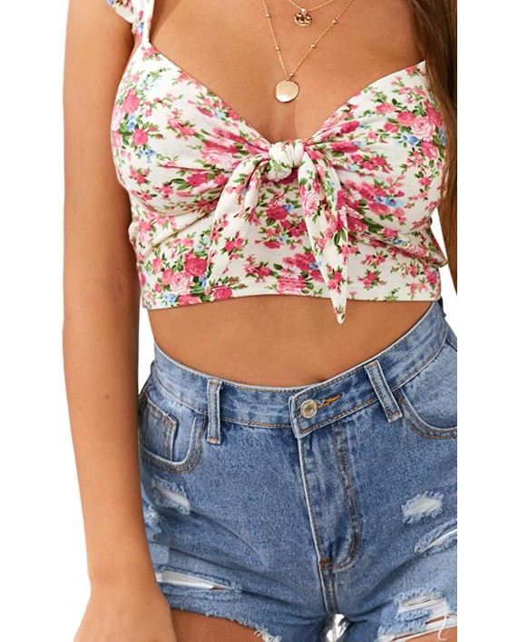 SheIn Women's Floral Cami Crop Top Ruffle Strap Tie Front Cute Camisole at Women’s Clothing store