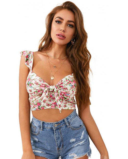 SheIn Women's Floral Cami Crop Top Ruffle Strap Tie Front Cute Camisole at  Women’s Clothing store