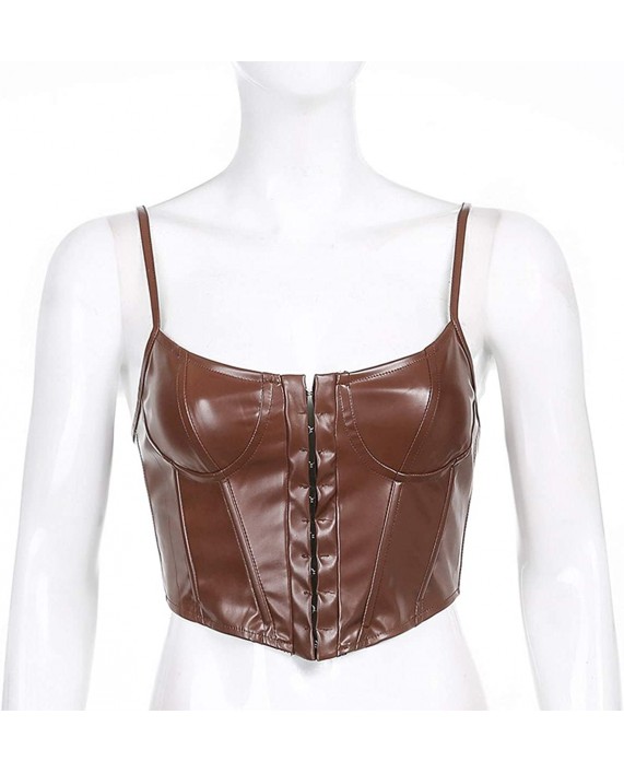 Spaghetti Straps Leather Crop Top for Women PU Corset Top Sexy Push Up Bustier Summer Tank Top Shirt at Women’s Clothing store