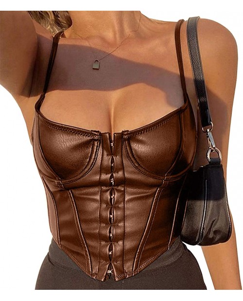 Spaghetti Straps Leather Crop Top for Women PU Corset Top Sexy Push Up Bustier Summer Tank Top Shirt at  Women’s Clothing store