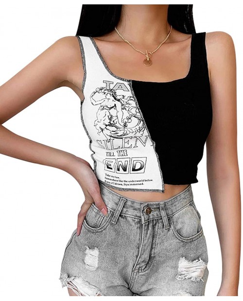 Women’s Color Block Patchwork Crop Top Sleeveless See Through Cami Irregular Hem Tank Vest at  Women’s Clothing store