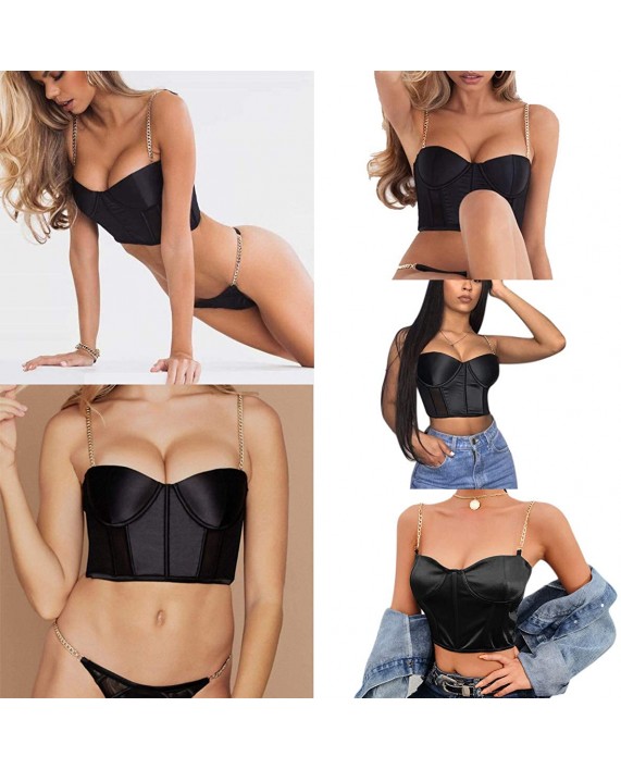 Women‘s Sexy Mesh Bustier Crop Top Backless Chain Straps Push Up Padded Corset Top Bra for Party Club Rave Outfit at Women’s Clothing store