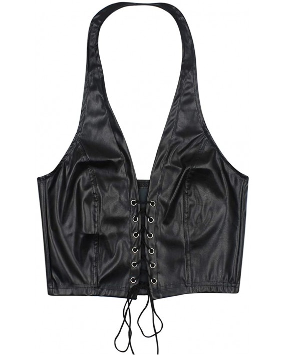 Women's Sexy PU Leather Crop Tops Halter Criss Cross Lace Up Camisole Vest for Casual Party Festival Rave at Women’s Clothing store