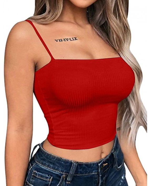 YMDUCH Women's Sexy Crop Top Stretch Spaghetti Strap Ribbed Knitted Basic Cami at Women’s Clothing store