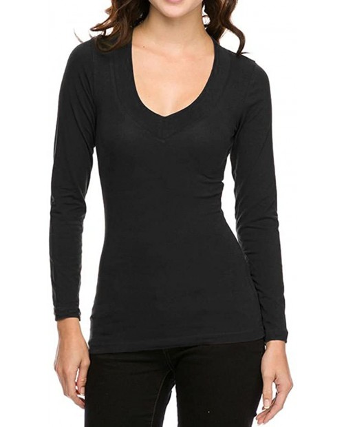 Ambiance Basic Jersey Cotton Wide V-Neck Long Sleeve Casual Tee Shirt at Women’s Clothing store