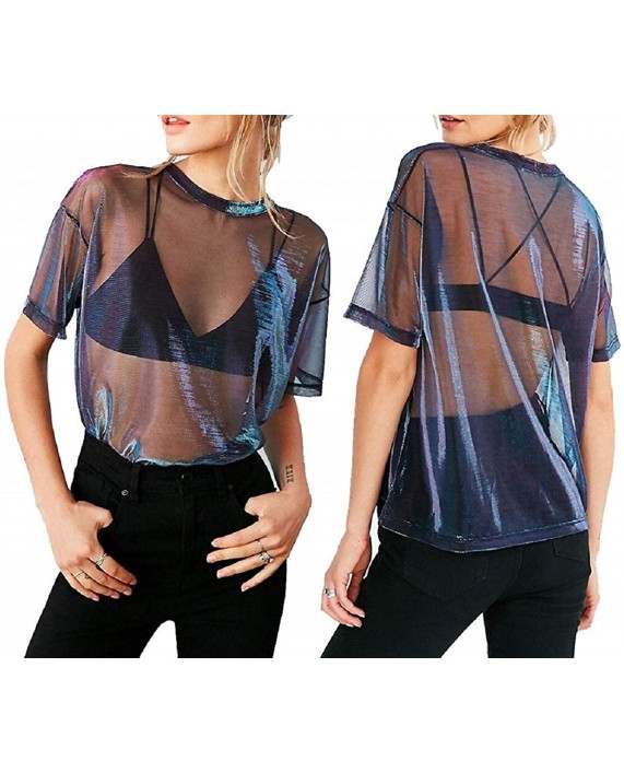 CERYIWER Womens See Through Shirts Short Sleeve Sexy Mesh Metallic Shiny Tops at Women’s Clothing store