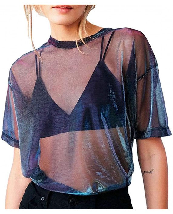 CERYIWER Womens See Through Shirts Short Sleeve Sexy Mesh Metallic Shiny Tops at Women’s Clothing store