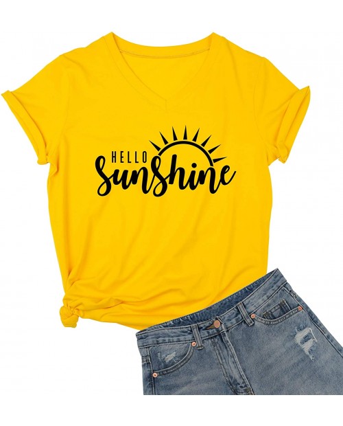 DANVOUY Womens Hello Sunshine Shirt Summer Short Sleeve V-Neck Graphic T-Shirt Nature Shirt Tops Tees at Women’s Clothing store