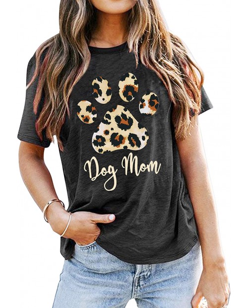 Dog Mom Shirt Women Funny Leopard Print Dog Mama T-Shirt Cute Graphic Tee Dog Lover Letter Print Short Sleeve Tee Tops at Women’s Clothing store