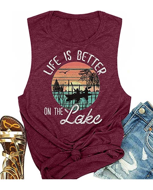 EGELEXY Womens Life is Better on The Lake Tank Tops Funny Saying Graphic Tee Sleeveless Casual Vacation Novelty Shirt