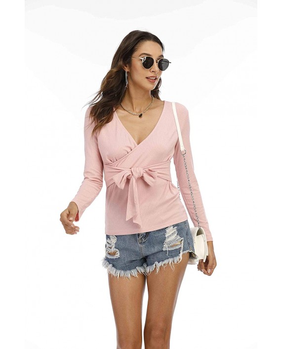Famulily Womens Deep V Neck Long Sleeve Slim Fit Casual Self-Tie Front Cross Wrap Tops Shirt at Women’s Clothing store