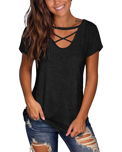 Floral Find Women's Short Sleeve Criss Cross Tops Casual V Neck Choker T Shirt Tees at Women’s Clothing store