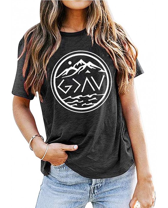 God is Greater Than The High and Lows Tshirt Women Short Sleeve Graphic Inspirational Christian Mountain Shirts Tops at Women’s Clothing store