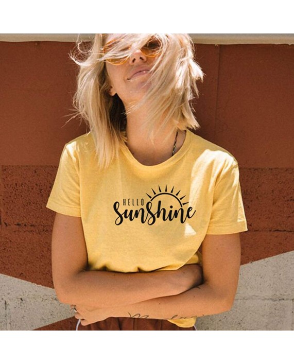 Hello Sunshine T Shirt Women Letters Print Shirt Cute Graphic Shirts Summer Casual Short Sleeve Tees Shirts Tops at Women’s Clothing store