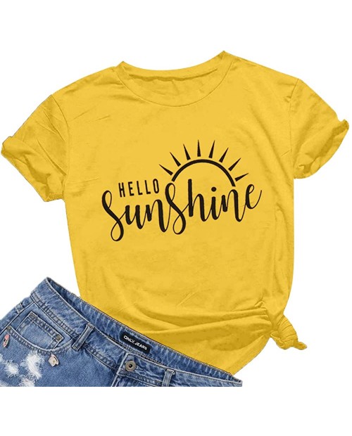 Hello Sunshine T Shirt Women Letters Print Shirt Cute Graphic Shirts Summer Casual Short Sleeve Tees Shirts Tops at  Women’s Clothing store