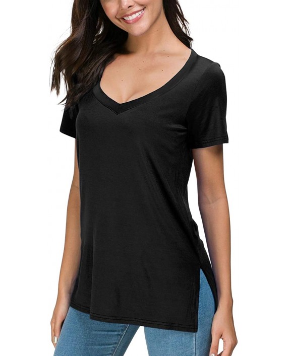 Herou Summer Casual Short Sleeve Deep V Neck T-Shirts for Womens with Side Split at Women’s Clothing store