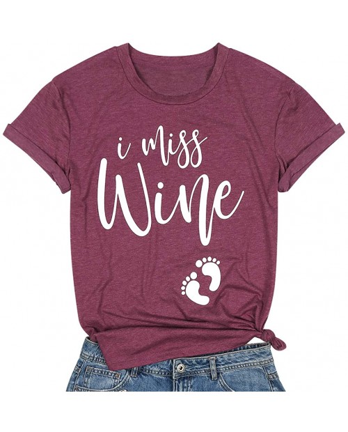 I Miss Wine T Shirt Women Funny Pregnancy Announcement Shirts Short Sleeve New Mom Gift Shirt Top at Women’s Clothing store