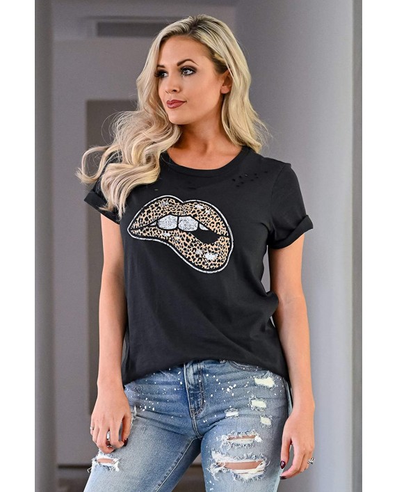 LACOZY Women's Leopard Print Tops Lips Print Short Sleeve Plain Color Hole T-Shirt Tuinc Tops Blouse at Women’s Clothing store