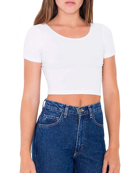 LONGBIDA Women's Scoop Neck Basic Crop Top Solid Short Sleeve T-Shirt at Women’s Clothing store