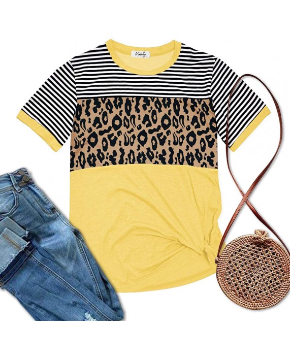 Maisolly Women's Leopard Print Color Block Striped T-Shirts Twist Knot Top at Women’s Clothing store