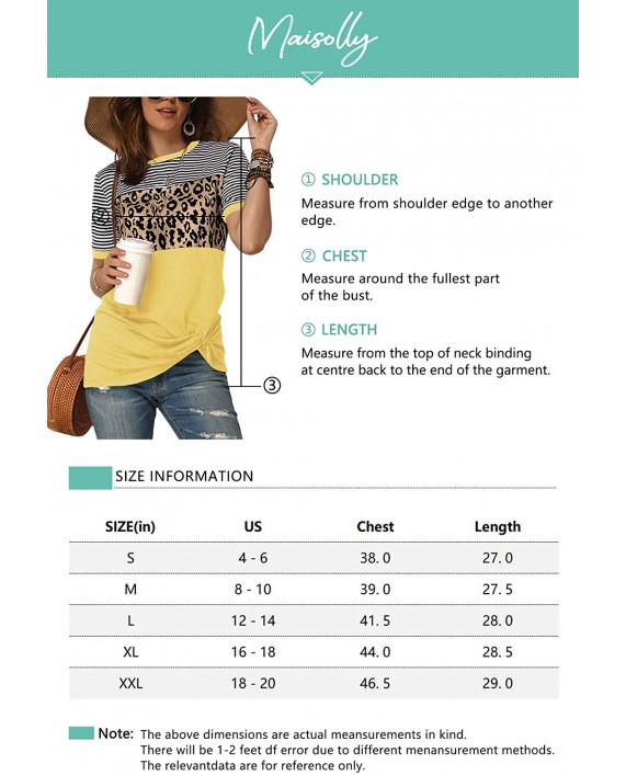 Maisolly Women's Leopard Print Color Block Striped T-Shirts Twist Knot Top at Women’s Clothing store