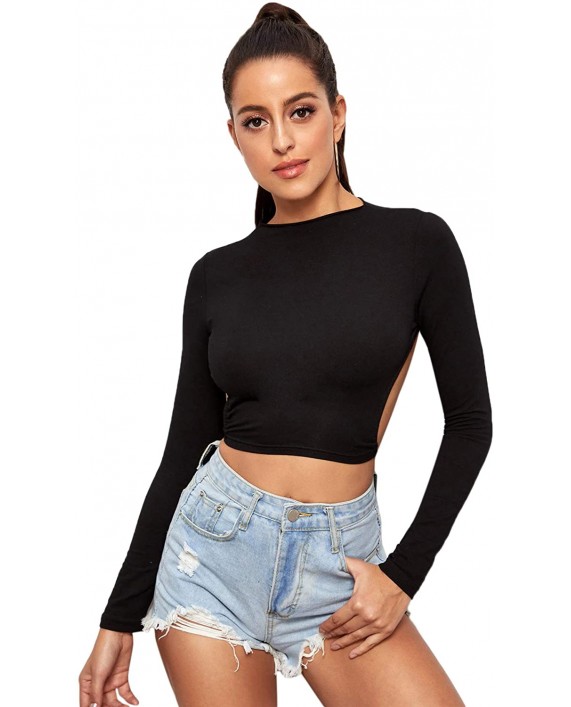 MakeMeChic Women's Backless Open Back Long Sleeve Tied Back Crop Top Tee Shirt at Women’s Clothing store
