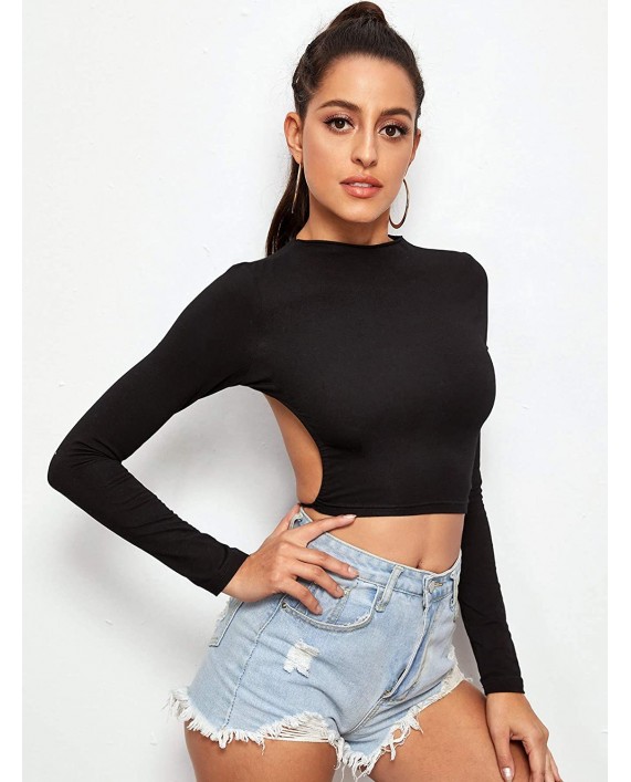 MakeMeChic Women's Backless Open Back Long Sleeve Tied Back Crop Top Tee Shirt at Women’s Clothing store