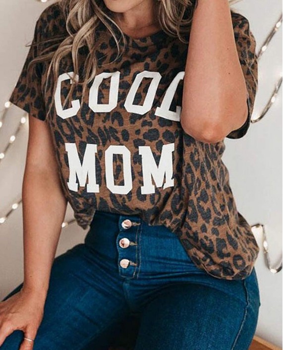 Mansy Womens Cute Leopard Print Tops Short Sleeve Cheetah Animal Print Funny Mama Graphic Tees T Shirts Blouses at Women’s Clothing store