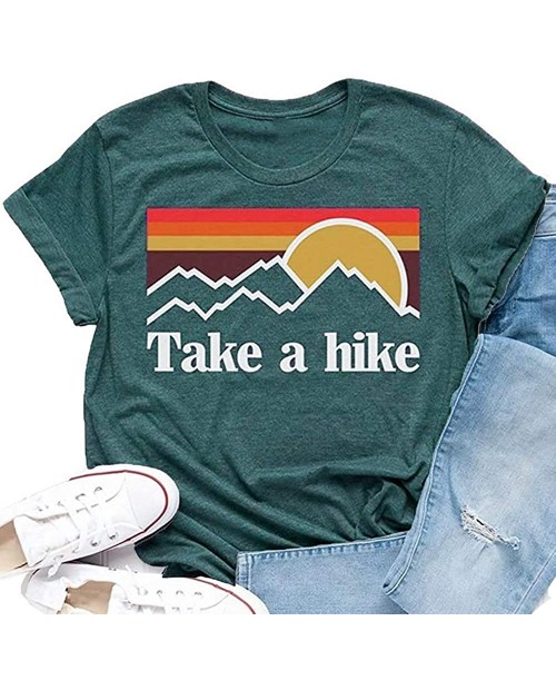 Pfvkeree Women Funny Graphic T Shirt Take A Hike Letter Print Summer Short Sleeve O Neck Cute Tee Tops at Women’s Clothing store