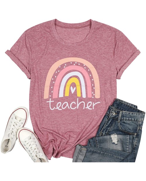 Rainbow Teacher T-Shirt Women Teacher Love Heart Cute Graphic Inspirational Casual Tops Shirt