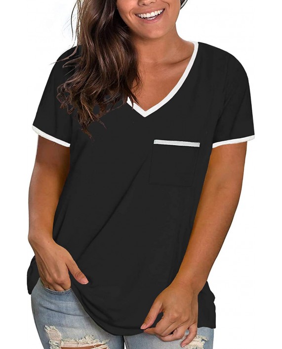 ROSRISS Womens Plus Size Tops V Neck Short Sleeve T-Shirt Color Block Blouse Tunics with Pocket at Women’s Clothing store