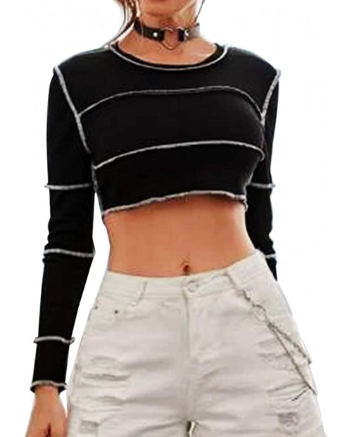 SAFRISIOR Women Sexy Patchwork Stitching Crop Tops Color Block Long Sleeve Crop T-Shirt Top at  Women’s Clothing store