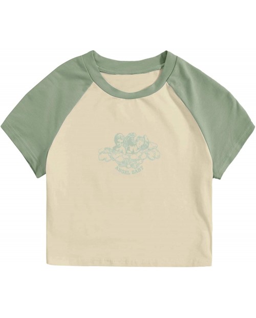 SheIn Women's Cute Angel Print Raglan Tee Short Sleeve Shirt Crop Colorblock Top at  Women’s Clothing store